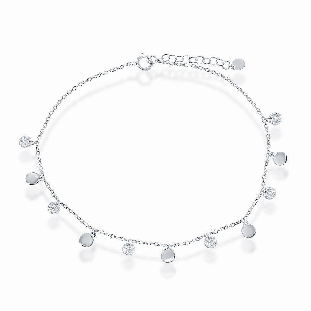 Sterling Silver Alternating Cubic Zirconia and Shiny Disc Anklet