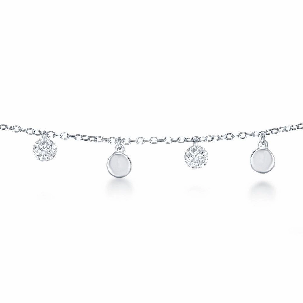 Sterling Silver Alternating Cubic Zirconia and Shiny Disc Anklet