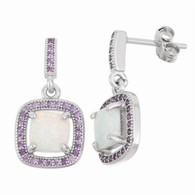 Sterling Silver Amethyst CZ Pave Square Earrings