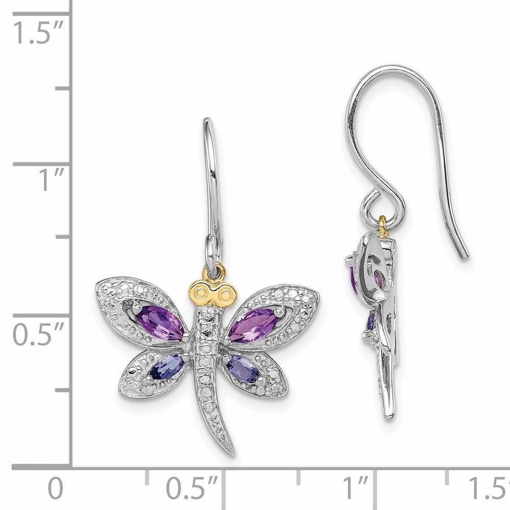 Sterling Silver & 14K Amethyst and Iolite and Diamond Dragonfly Earrings