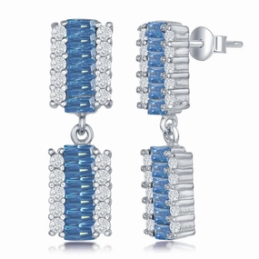 Sterling Silver Aquamarine Baguette CZ Earrings