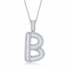 Sterling Silver B Initial Baguette CZ Pendant Chain