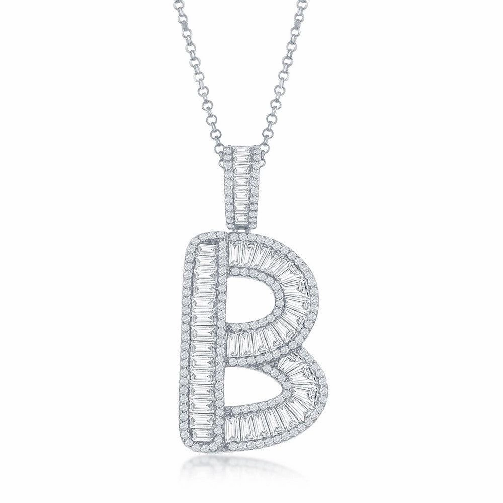Sterling Silver B Initial Baguette CZ Pendant Chain