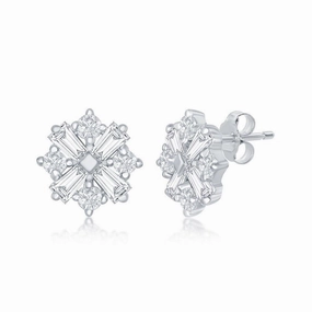 Sterling Silver Baguette and Round CZ Stud Earrings