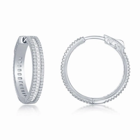 Sterling Silver Baguette CZ 25mm Hoop Earrings
