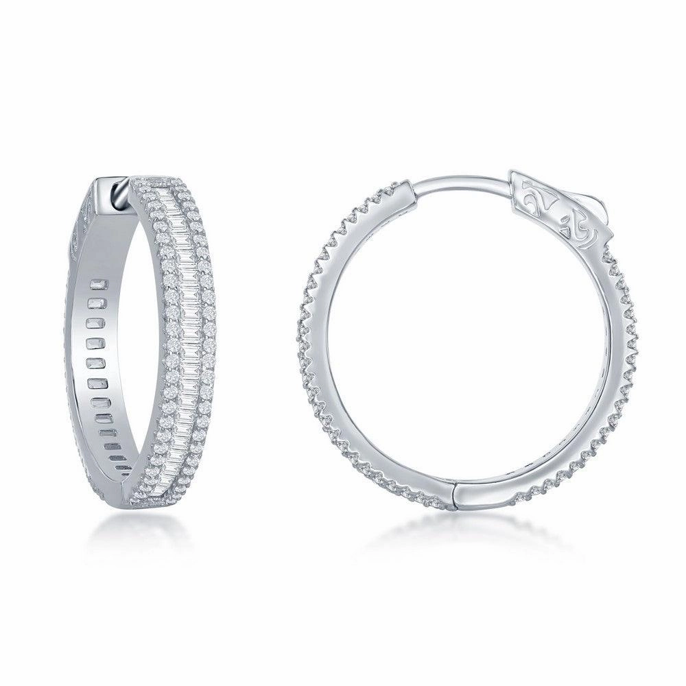 Sterling Silver Baguette CZ 25mm Hoop Earrings