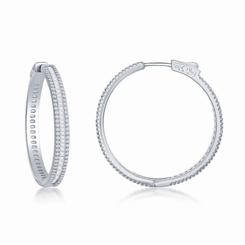 Sterling Silver Baguette CZ 35mm Hoop Earrings