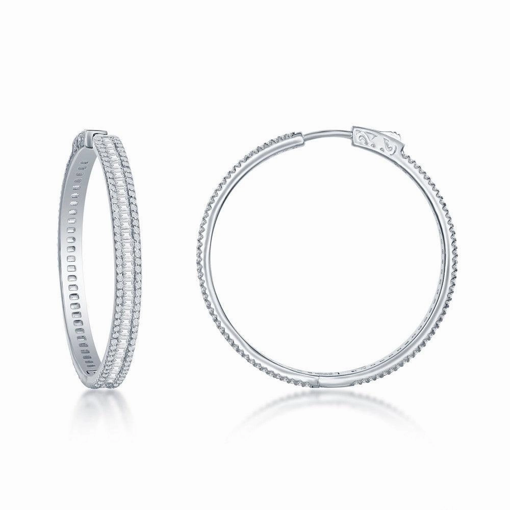 Sterling Silver Baguette CZ 40mm Hoop Earrings