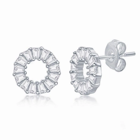 Sterling Silver Baguette CZ Circle Stud Earrings