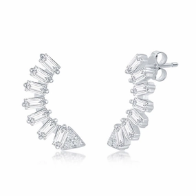 Sterling Silver Baguette CZ Curved Arrow Earrings