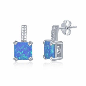 Sterling Silver Beaded Bar and Blue Opal Earrings