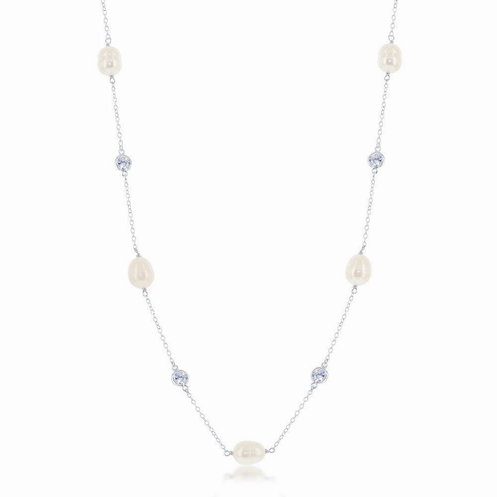 Sterling Silver Bezel Set CZ and Pearl Necklace
