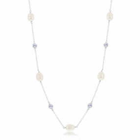 Sterling Silver Bezel Set CZ and Pearl Necklace