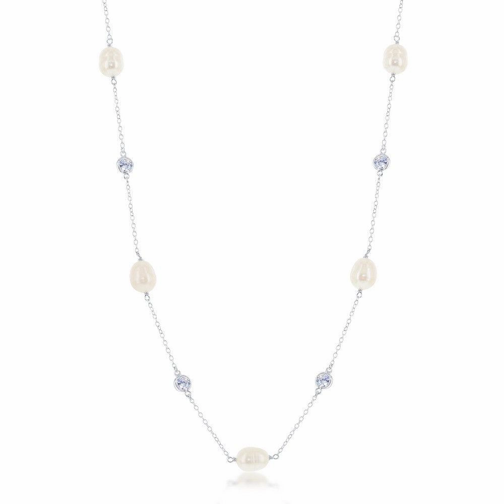Sterling Silver Bezel Set CZ and Pearl Necklace