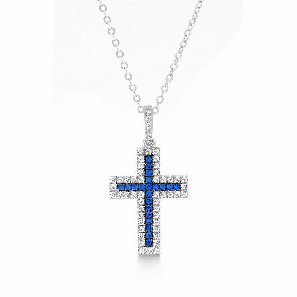 Sterling Silver Blue CZ Micro Pave Cross Pendant