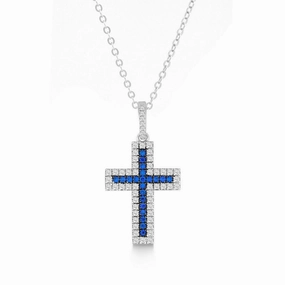 Sterling Silver Blue CZ Micro Pave Cross Pendant