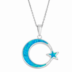 Sterling Silver Blue Inlay Crescent Star Pendant
