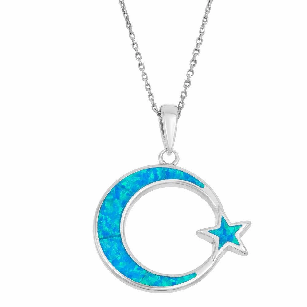 Sterling Silver Blue Inlay Crescent Star Pendant
