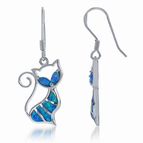 Sterling Silver Blue Inlay Opal Cat Earrings