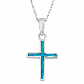 Sterling Silver Blue Inlay Opal Cross Pendant