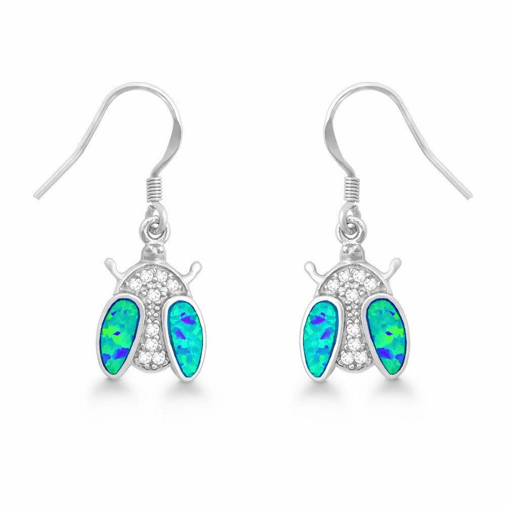 Sterling Silver Blue Inlay Opal CZ Ladybug Earrings