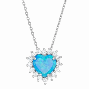 Sterling Silver Blue Inlay Opal Heart CZ Pendant