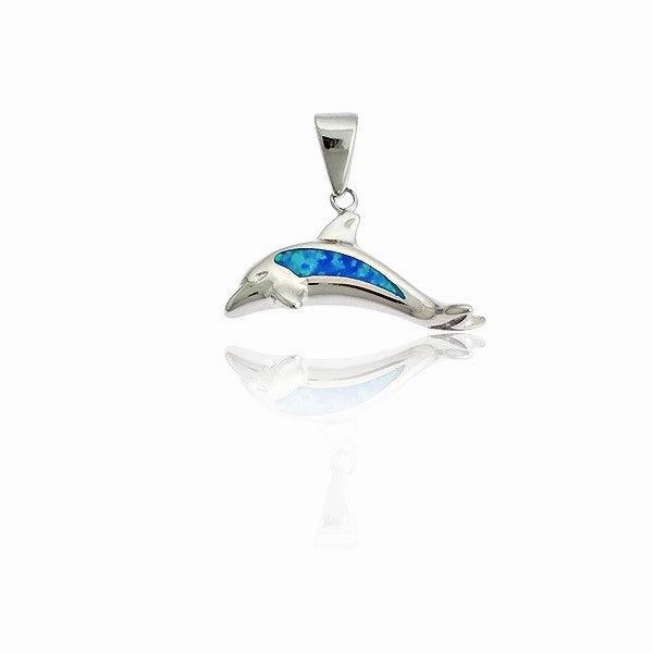 Sterling Silver Blue Inlay Opal Leaping Dolphin Pendant