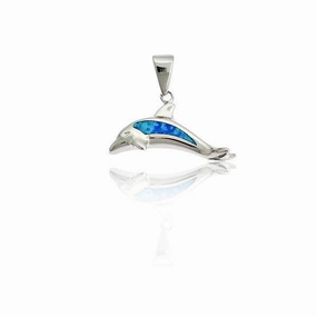 Sterling Silver Blue Inlay Opal Leaping Dolphin Pendant