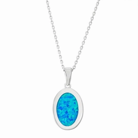 Sterling Silver Blue Inlay Opal Oval Pendant