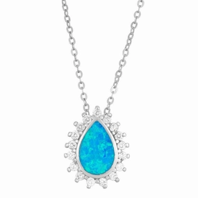 Sterling Silver Blue Inlay Opal Teardrop CZ Pendant