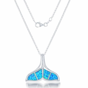 Sterling Silver Blue Inlay Opal Whale Tail Pendant