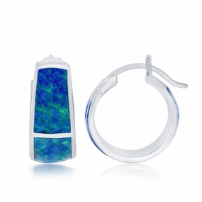 Sterling Silver Blue Opal Wide Small Hoop Earrings