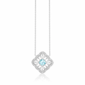 Sterling Silver Blue Topaz Square Diamond Necklace