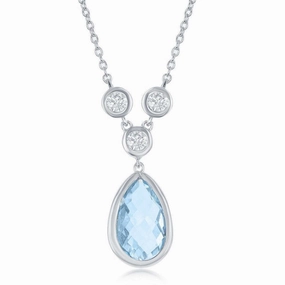 Sterling Silver Blue Topaz Teardrop with 3 White Topaz Necklace