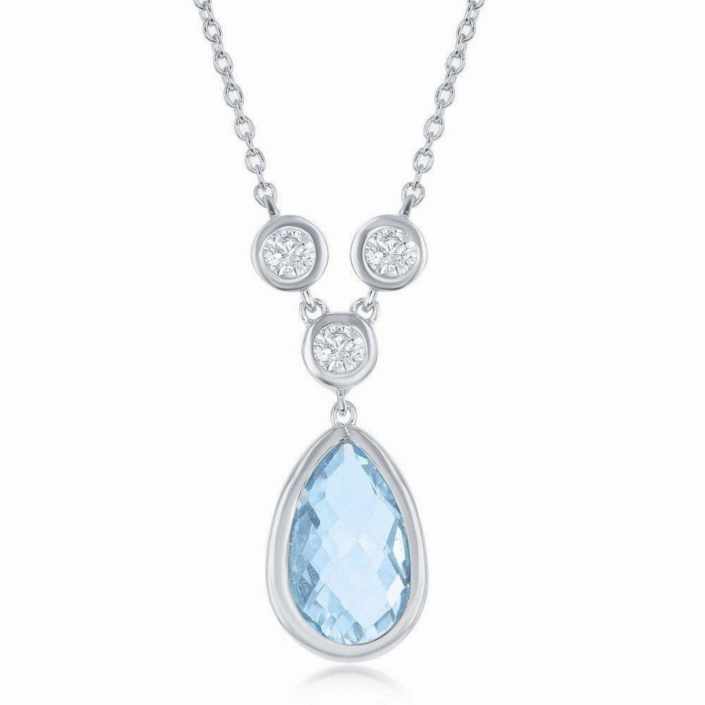 Sterling Silver Blue Topaz Teardrop with 3 White Topaz Necklace