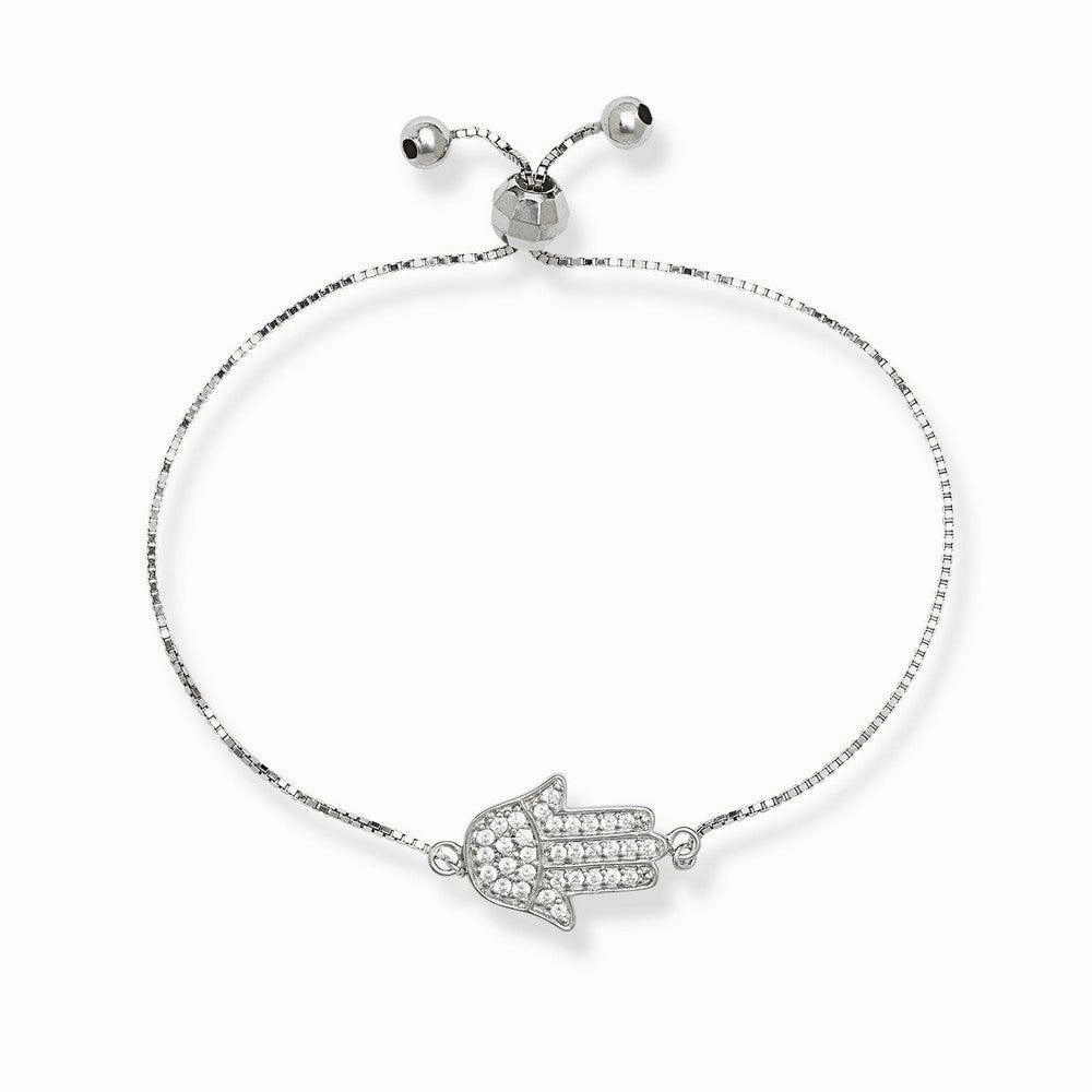 Sterling Silver Box Chain with Center CZ Hamsa and Beads Bracelet