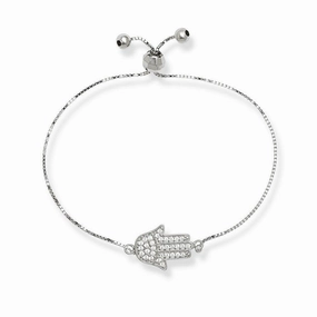 Sterling Silver Box Chain with Center CZ Hamsa and Beads Bracelet