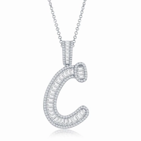Sterling Silver C Initial Baguette CZ Pendant Chain