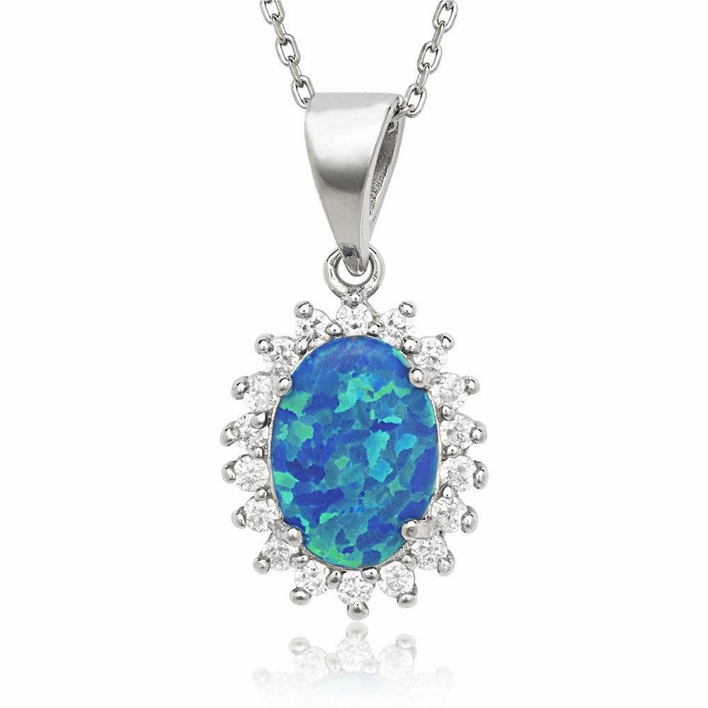 Sterling Silver Center Blue Inlay Opal CZ Pendant
