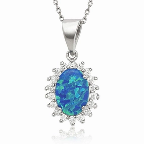 Sterling Silver Center Blue Inlay Opal CZ Pendant