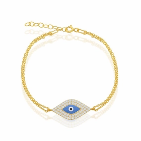 Sterling Silver Center CZ & Blue Evil Eye Double-Strand Bracelet