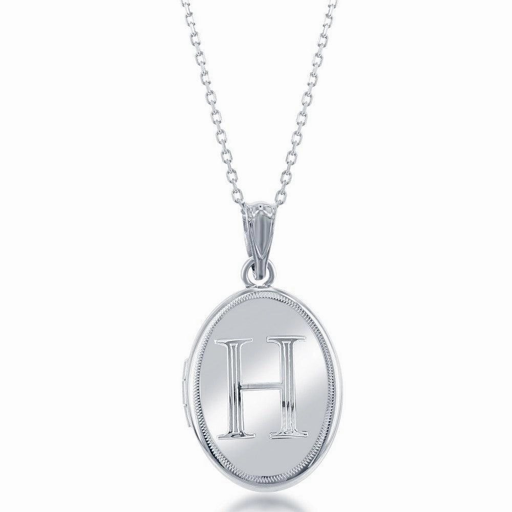 Sterling Silver Center H Initial Oval Locket Chain