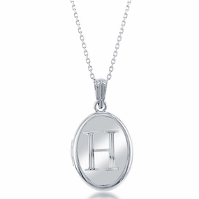 Sterling Silver Center H Initial Oval Locket Chain