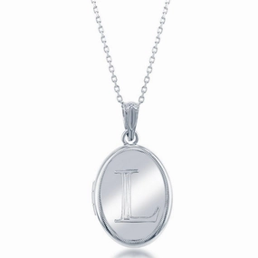 Sterling Silver Center L Initial Oval Locket Chain