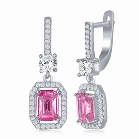 Sterling Silver Center Pink Emerald Cut CZ Earrings