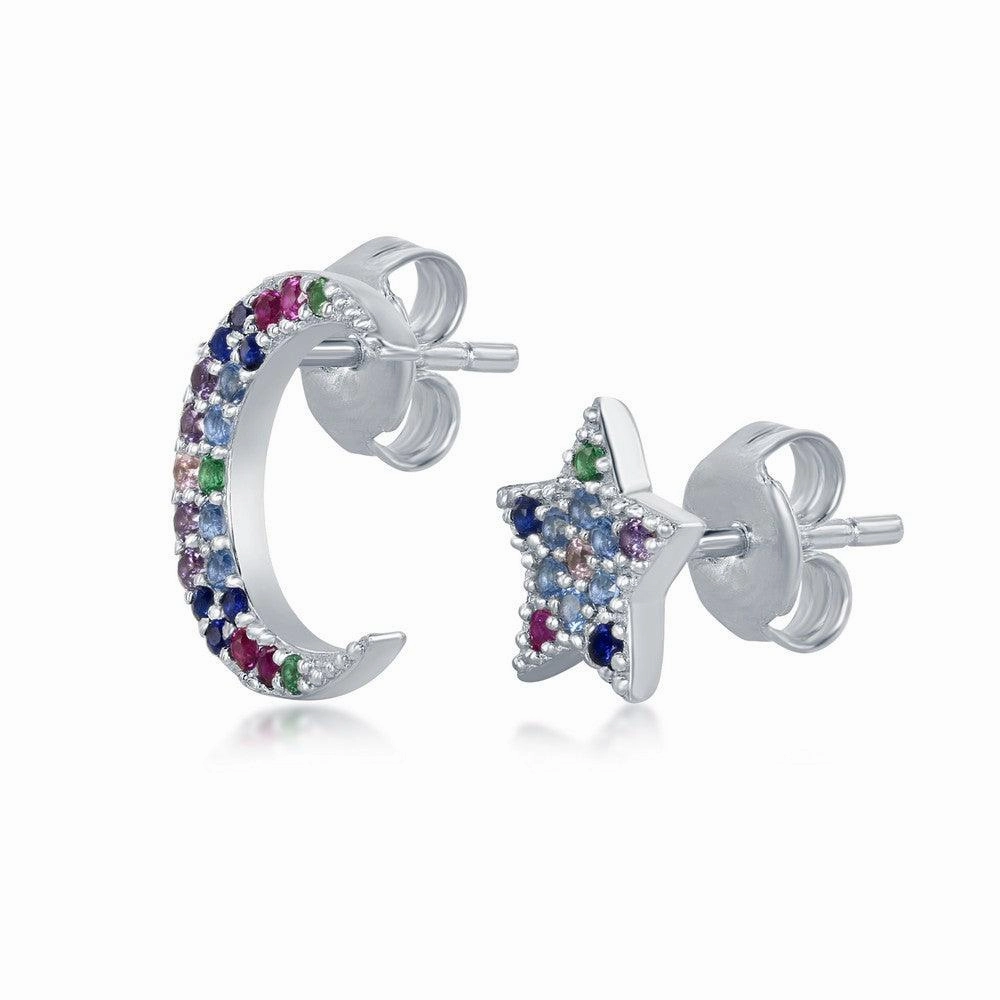 Sterling Silver Crescent Moon and Star CZ Earrings