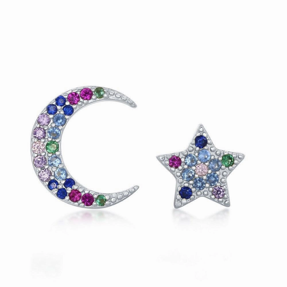 Sterling Silver Crescent Moon and Star CZ Earrings