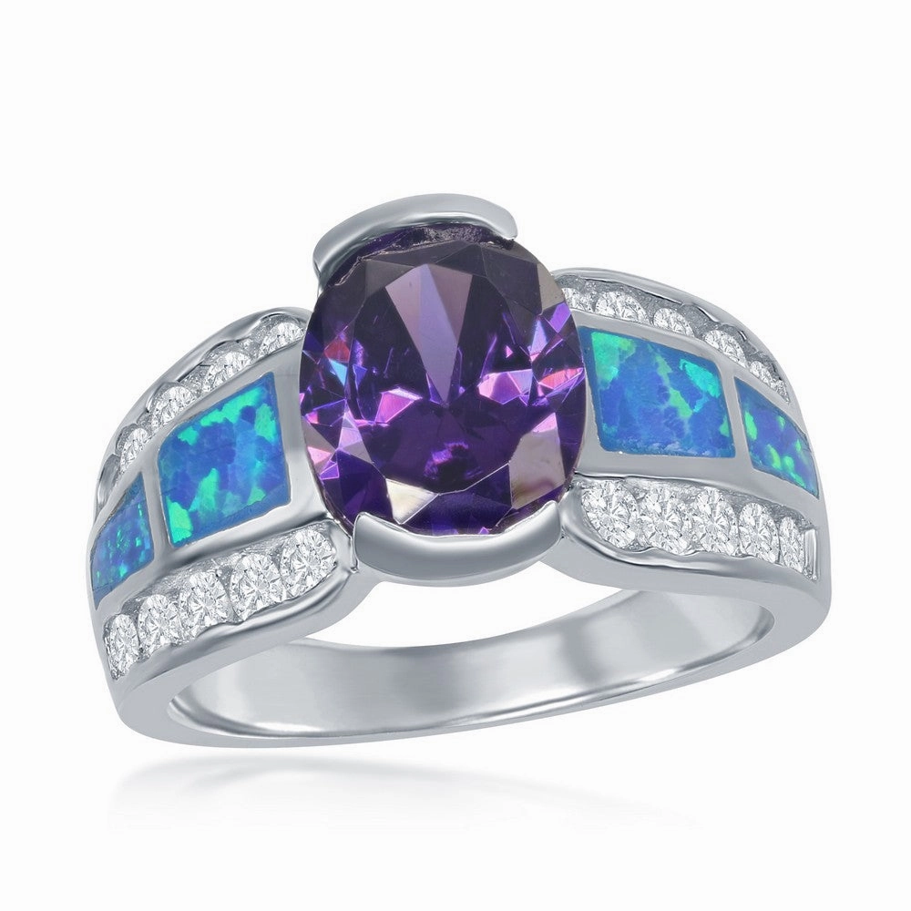 Sterling Silver Cubic Zirconia; Blue Opal with Large Center Amy CZ Ring