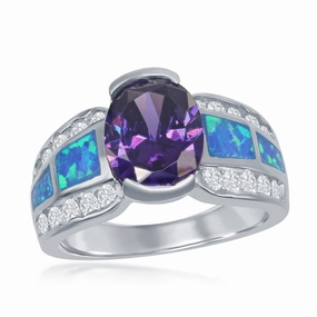 Sterling Silver Cubic Zirconia; Blue Opal with Large Center Amy CZ Ring
