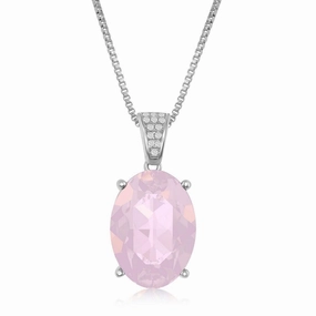 Sterling Silver CZ Bale and 14x10mm Oval - Pink Opal Swarovski Element Necklace